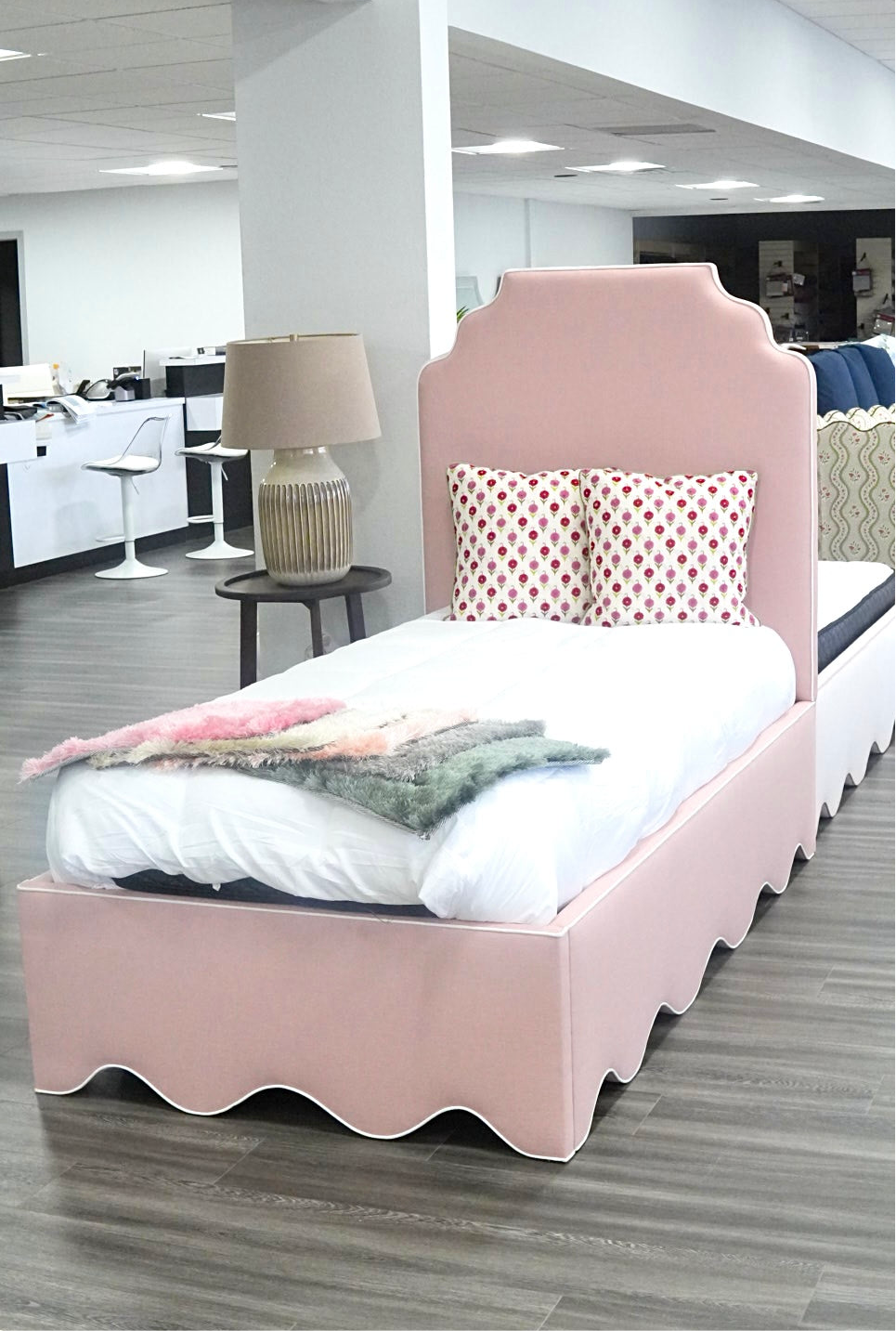 The Helena Twin Bed - Scalloped Base - Pink Linen Fabric - White Trim