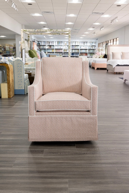 Custom Swivel Glider Chair – Pink Dotted Fabric with White Trim
