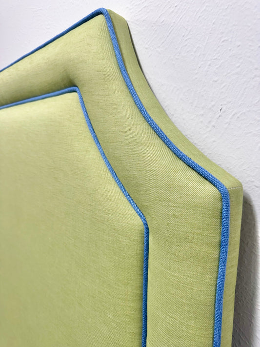 65”H Twin Headboard only - Lime Green Linen Fabric with Blue Trim