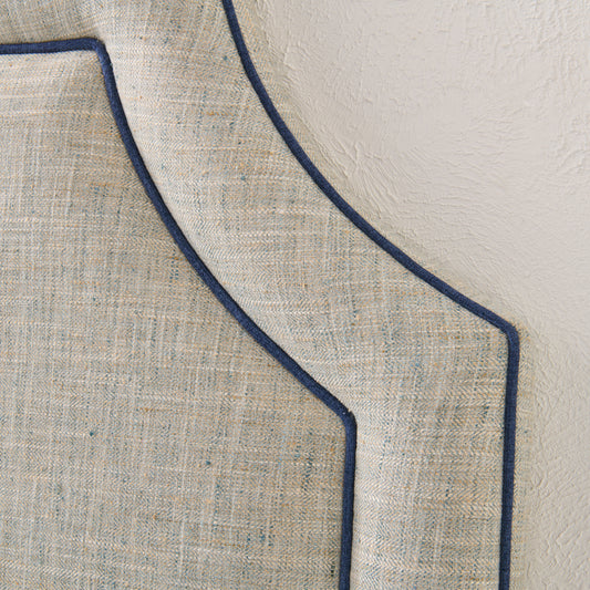 65"H King Headboard in Neutral Linen Fabric - Navy Trim