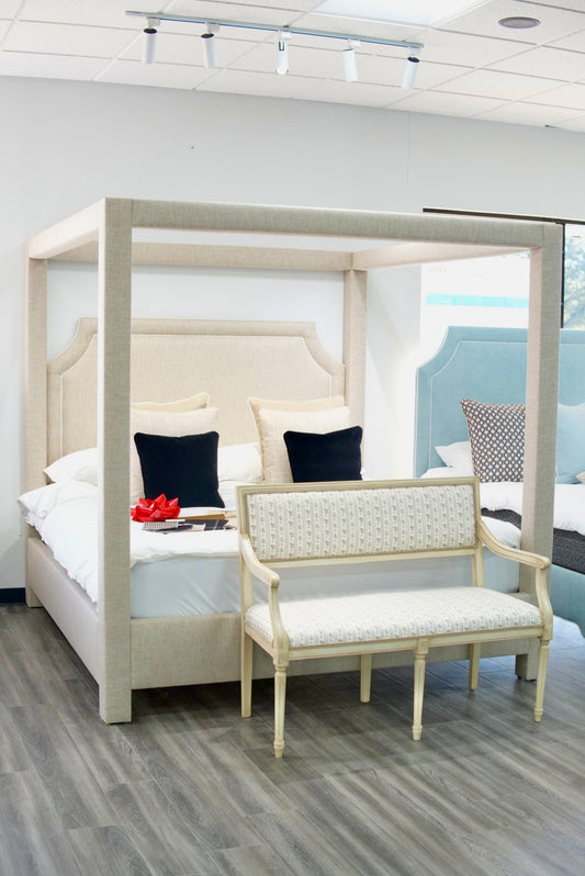 Classic Upholstered King Canopy Bed in Neutral Linen