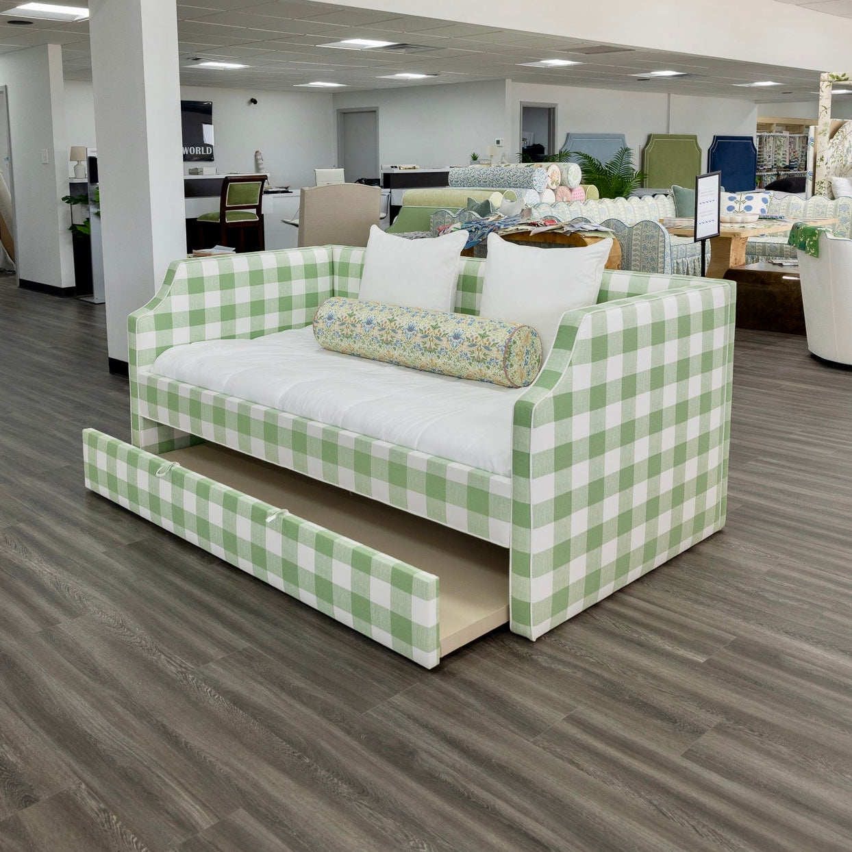 The Addison Twin Trundle Daybed - Buffalo Sage Green Fabric - White Trim