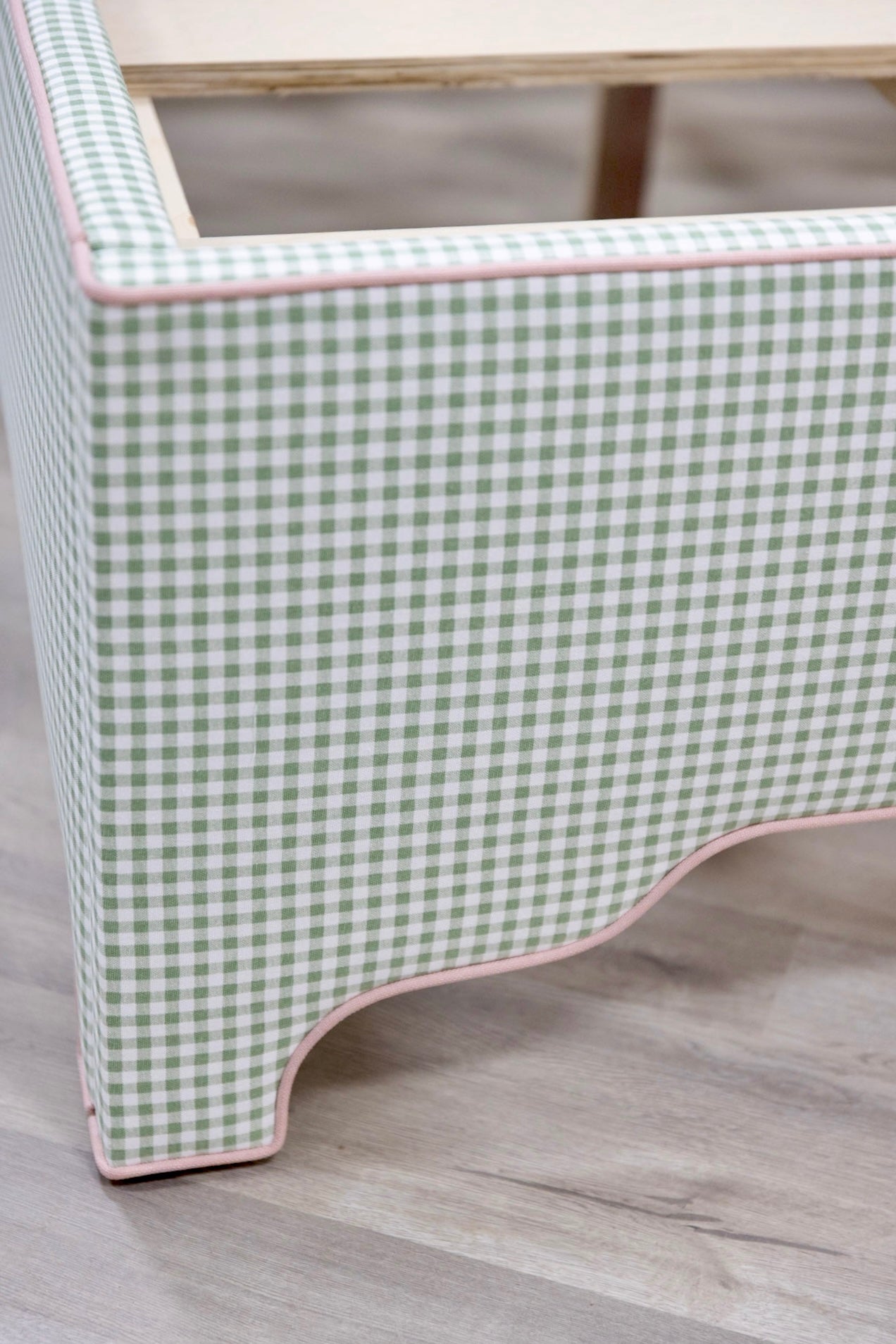 The Grace Queen Bed - Sage Green Gingham Fabric - Blush Pink Trim