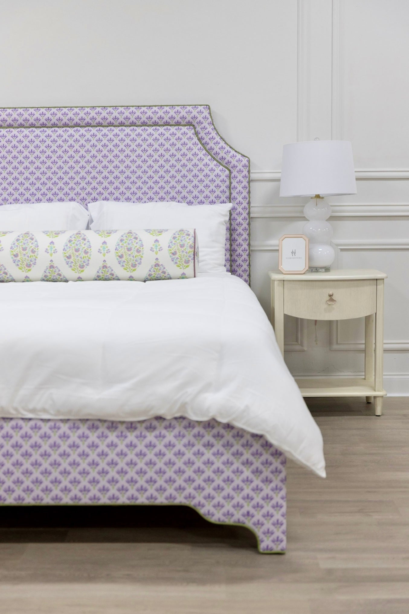 The Addison Queen Bed - Lavender Floral Linen Fabric - Green Trim