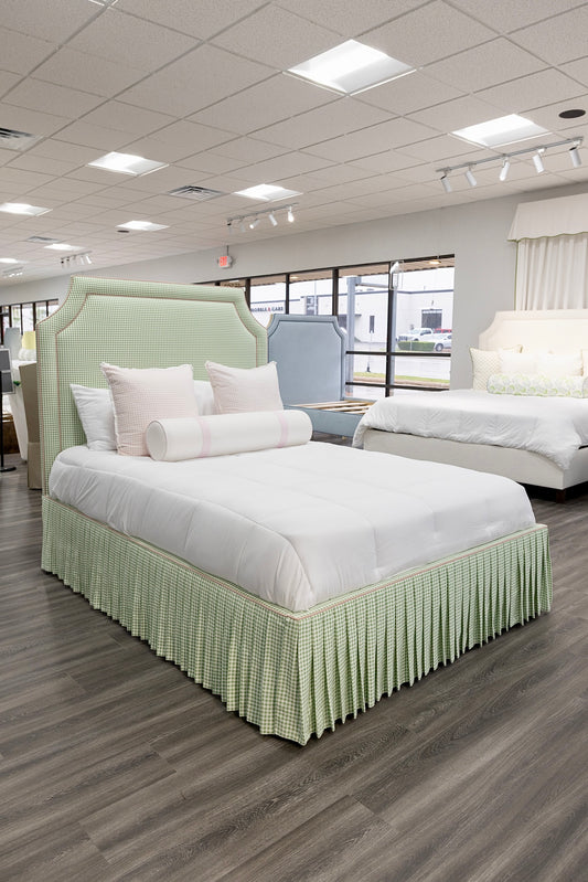 The Addison Queen Bed - Skirted Base - Sage Green Gingham Fabric - Pink Trim