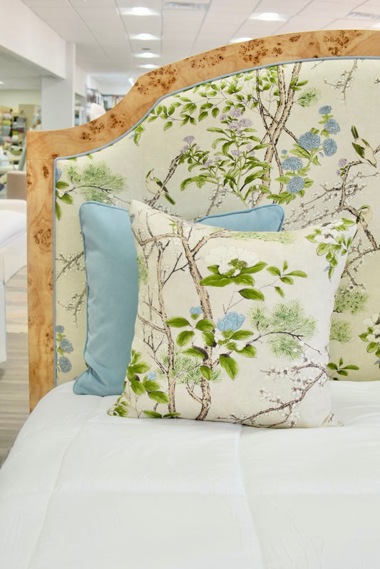 65"H Mappa Burlwood King Bed - Upholstered in Katsura Thibaut Fabric - Blue Trim