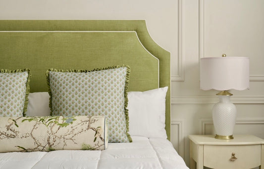65"H King Headboard in Pistachio Green Woven Fabric - White Trim