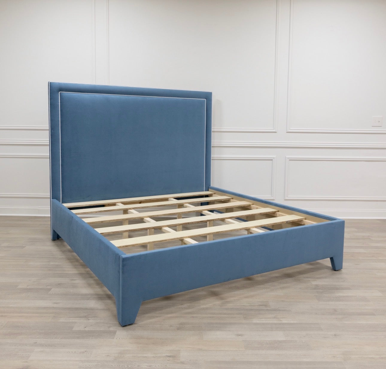 The Jacob King Bed - Upholstered Legs - Ocean Blue Performance Velvet Fabric - White Trim
