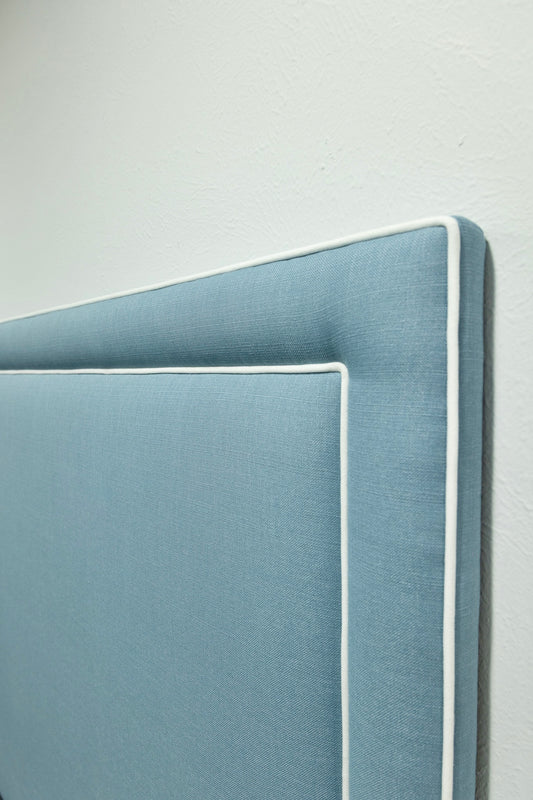 The Jacob Queen Headboard - Blue Linen Look Fabric - White Trim