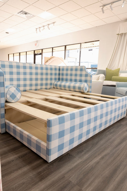 Twin to king Upholstered Trundle Daybed in Buffalo Blue Fabric - Sky Blue Trim