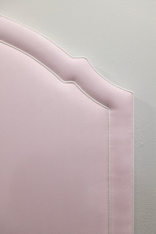 65" H Queen Headboard in Powder Pink Woven Fabric - White Trim