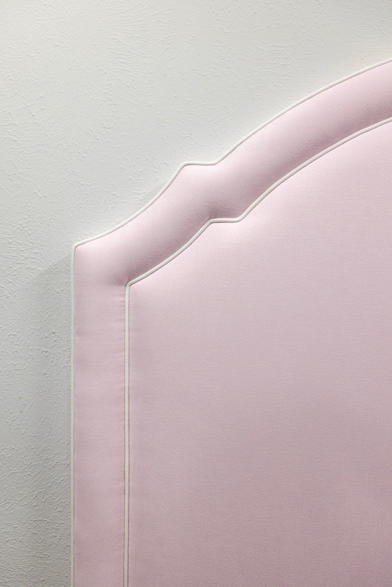 The Grace Queen Headboard - Powder Pink Woven Fabric - White Trim