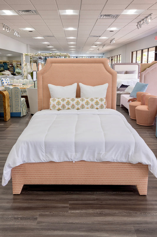 65”H Queen Upholstered Platform Bed - Upholstered Legs - Rust Pink fabric with White Trim