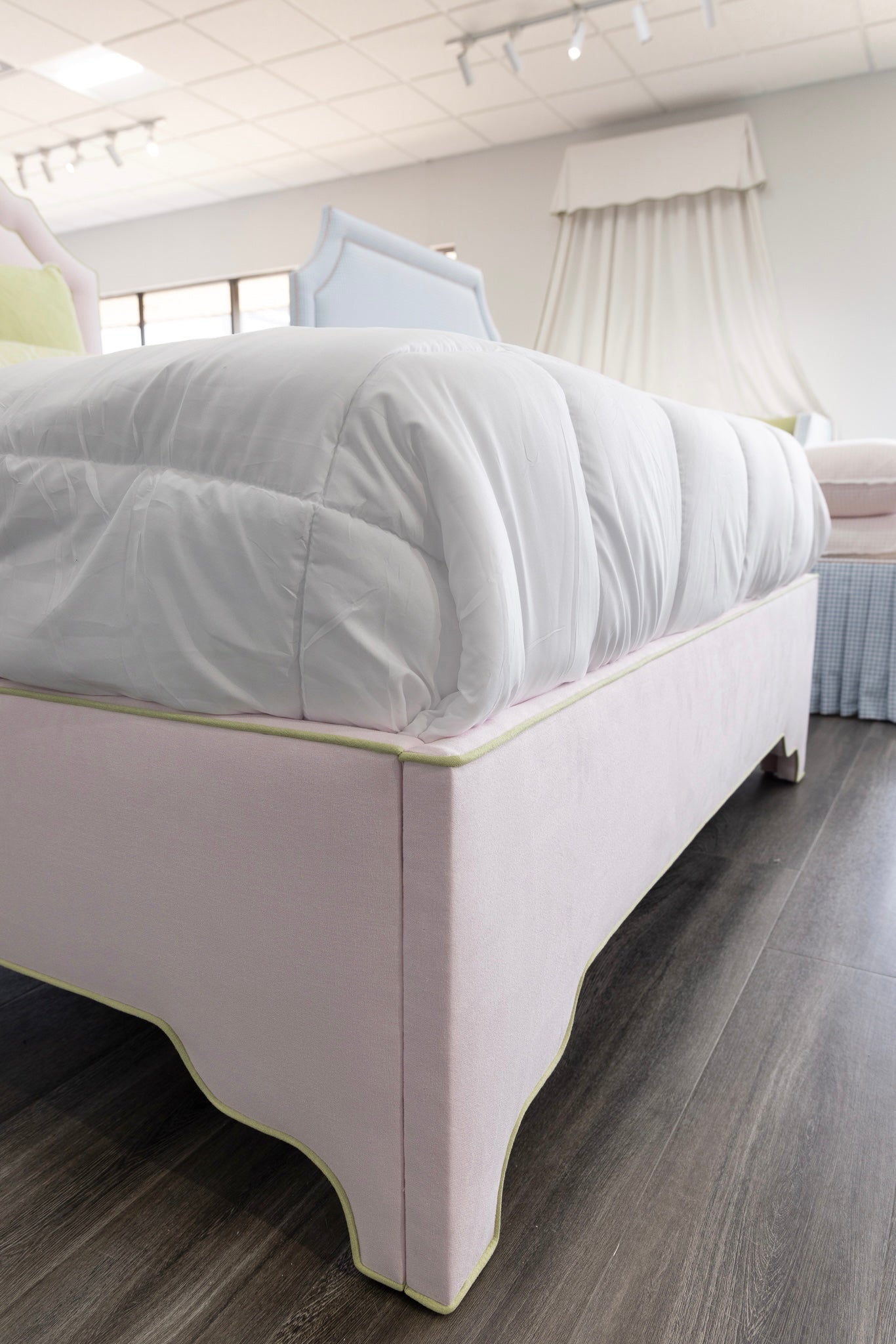 The Grace Queen Bed - Upholstered Legs - Powder Pink fabric with Green Trim