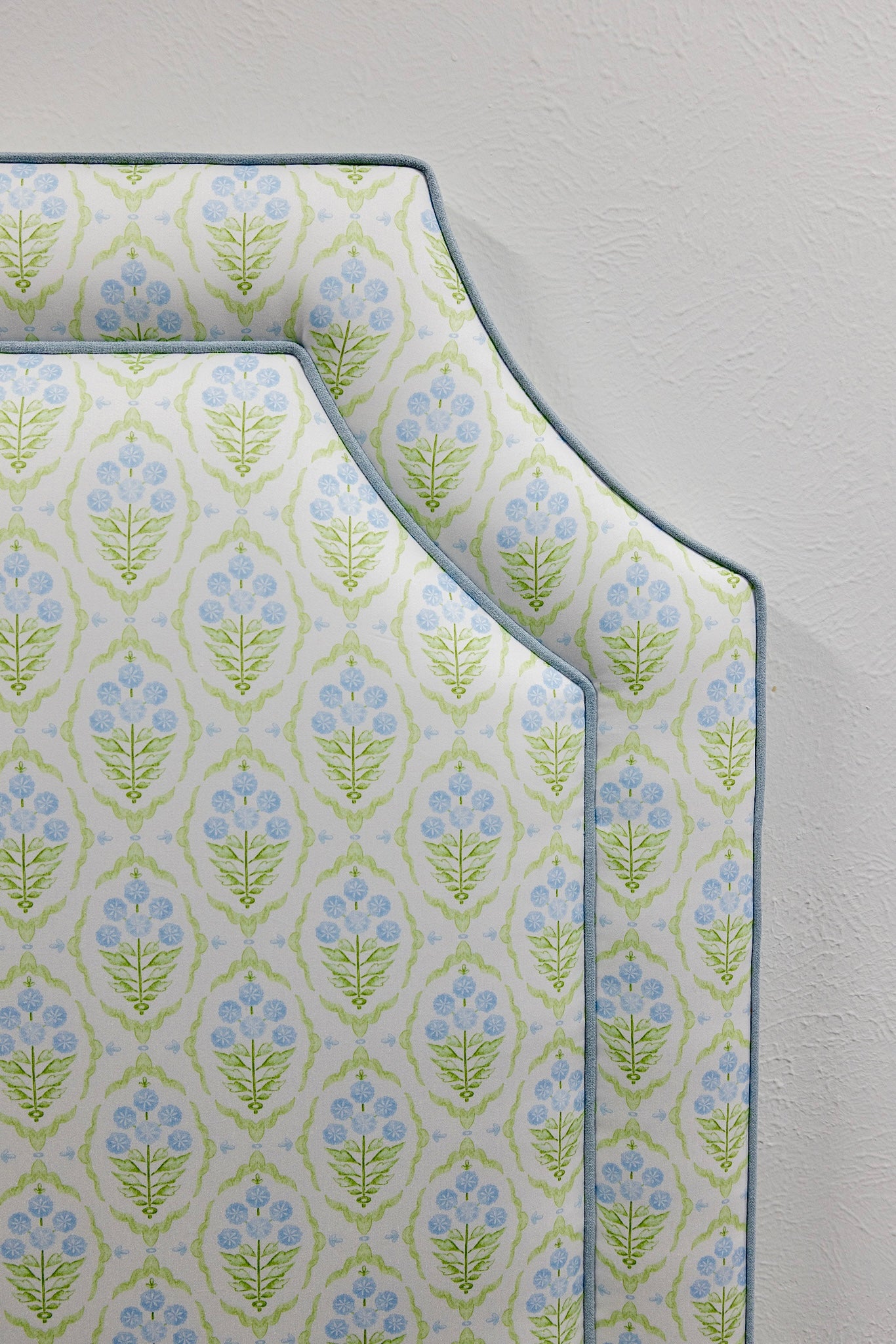 The Addison Twin Headboard - Floral Blue / Green Satin Fabric