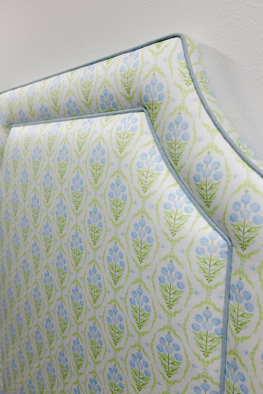 65" H Twin Headboard - Floral Blue / Green Satin Fabric