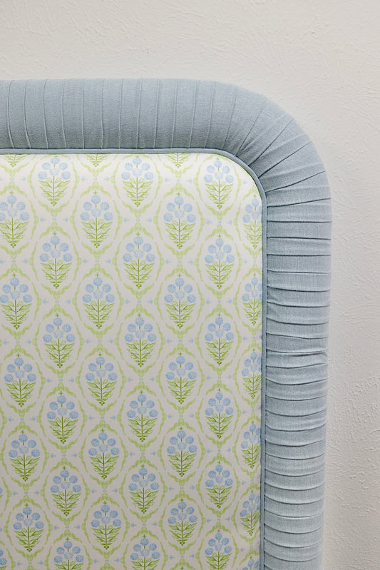 65”H Queen Headboard only - Floral Blue / Green Satin Fabric