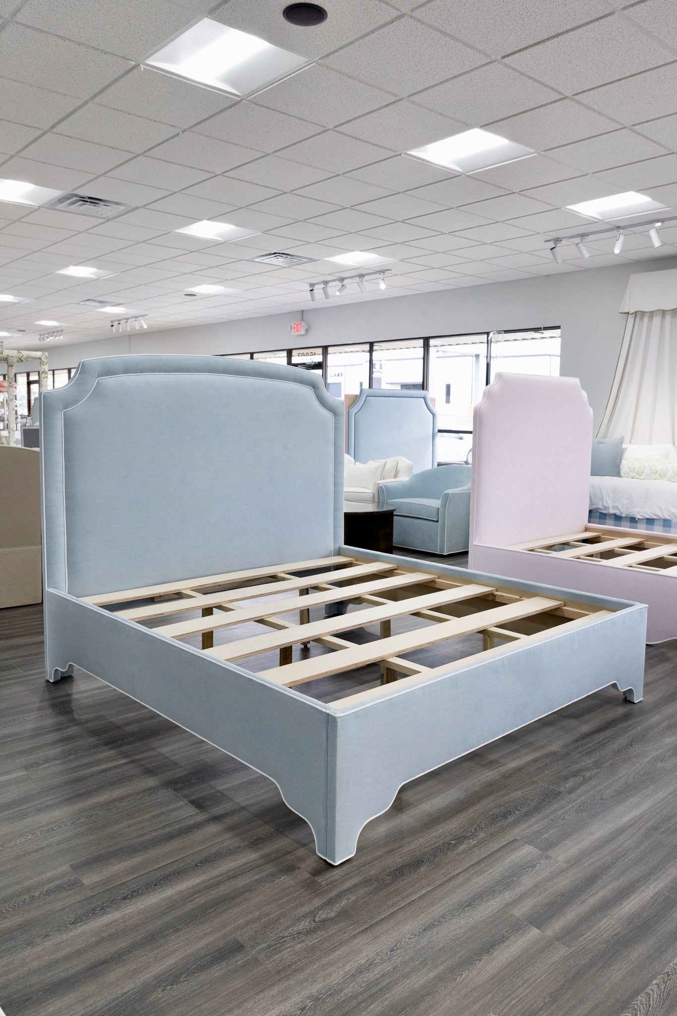 The Aliana King Bed - Scalloped Legs - Sky Blue Woven Fabric with White Trim