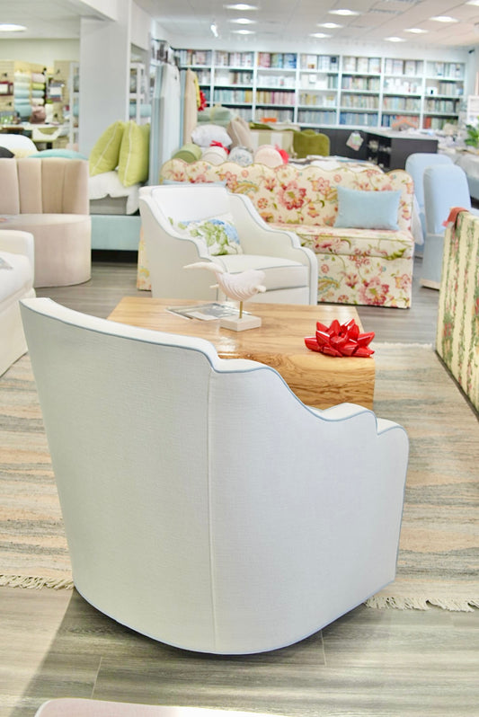Custom Scalloped Swivel Chair: White Performance Fabric - Sky Blue Trim