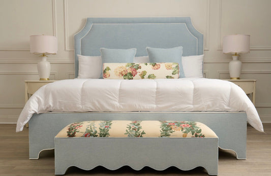 The Addison King Platform Bed - Scalloped Legs - Sky Blue Woven Fabric with White Trim