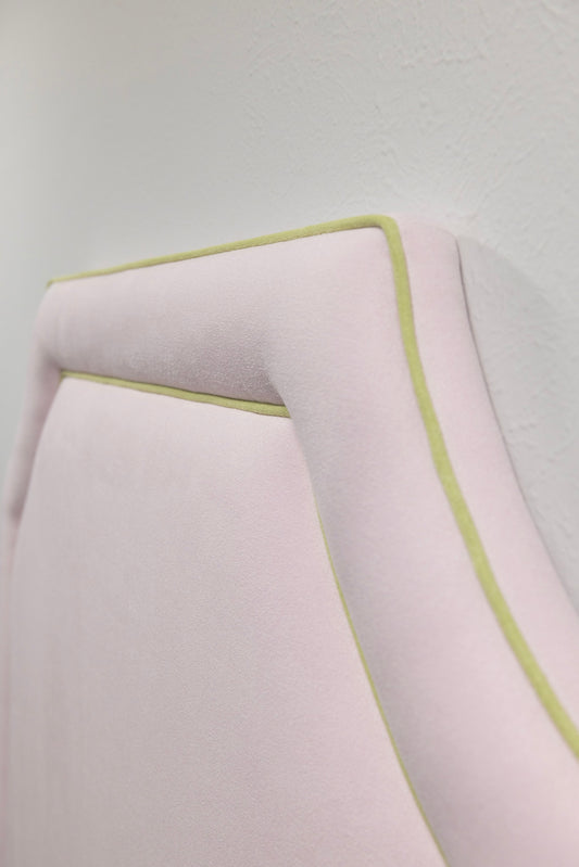 65”H Twin Headboard only - Powder Pink Woven Fabric - Green Trim