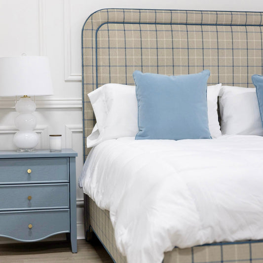 The Lorraine King Bed - Scalloped Legs - Performance Cream Plaid Fabric - Ocean Blue Trim