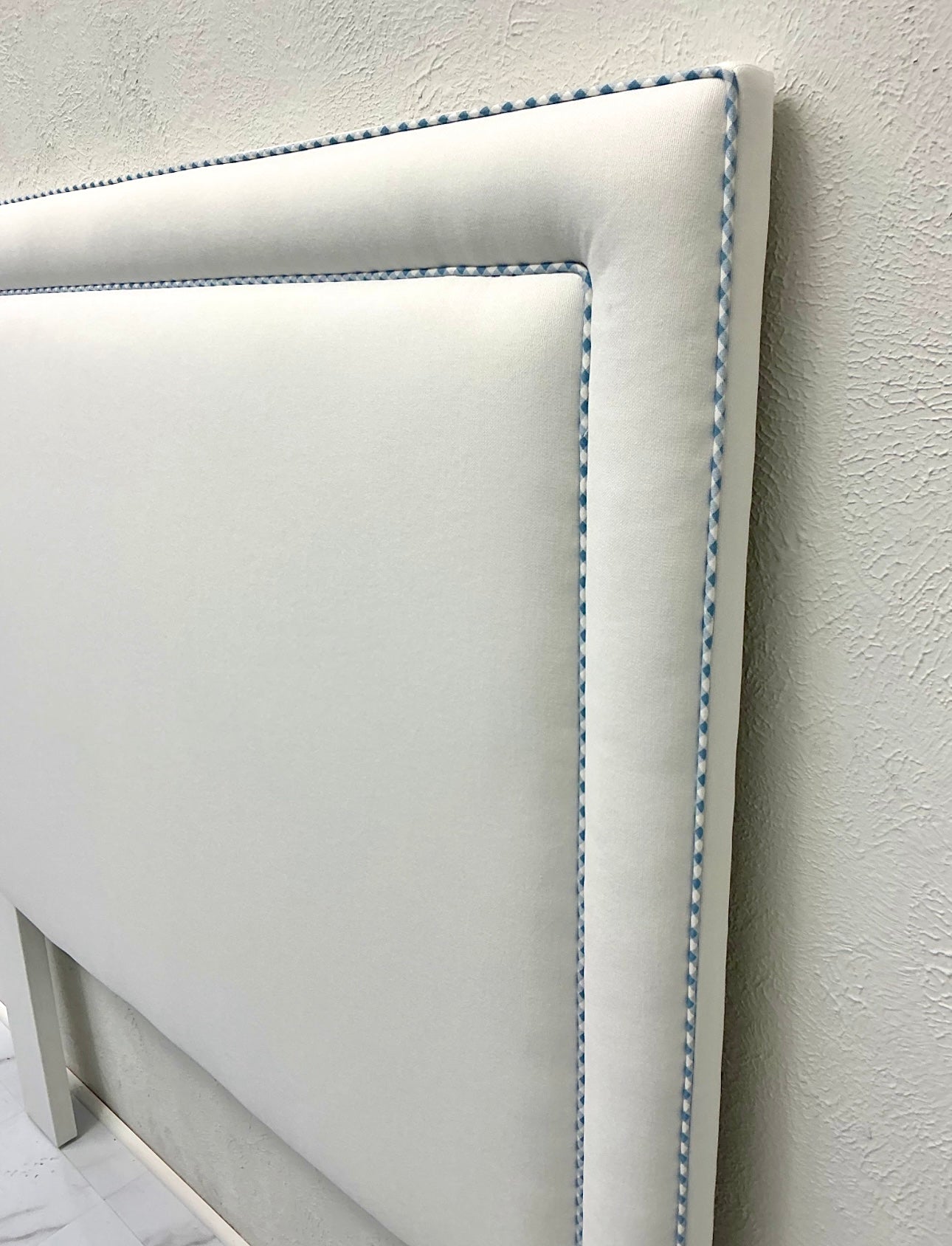 The Jacob Full Headboard - White Linen Fabric - Blue Gingham Trim