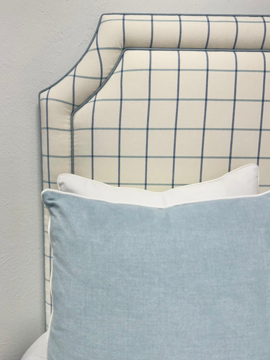 The Addison Twin Headboard - Checkered Fabric - Sky Blue Trim