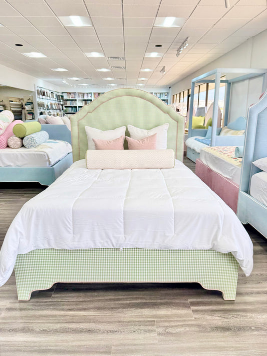 65”H Queen Platform Upholstered Bed - Sage Green Gingham Fabric with Blush Pink Trim