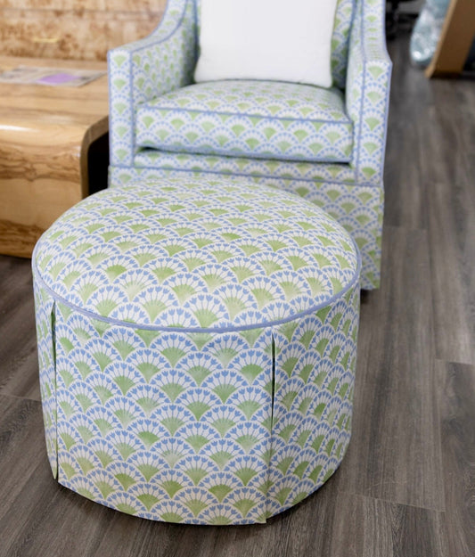 The Marlowe Ottoman - Floral Green / Blue Fabric with Blue Trim