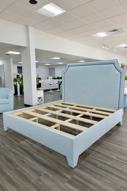 The Addison King Bed - Upholstered Legs - Sky Blue Woven Fabric with Navy Trim