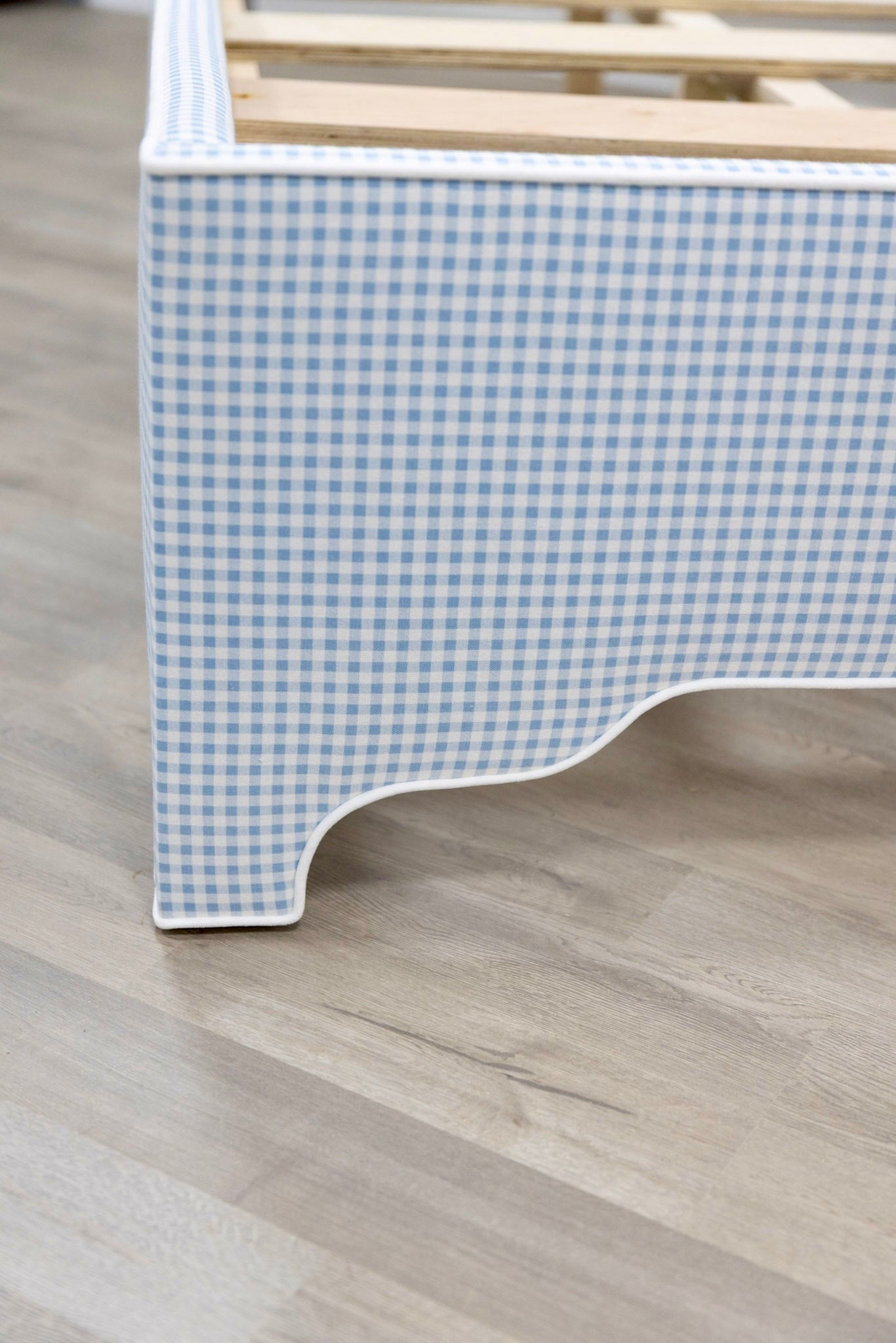 The Grace Queen Bed - Blue Gingham Fabric - White Trim