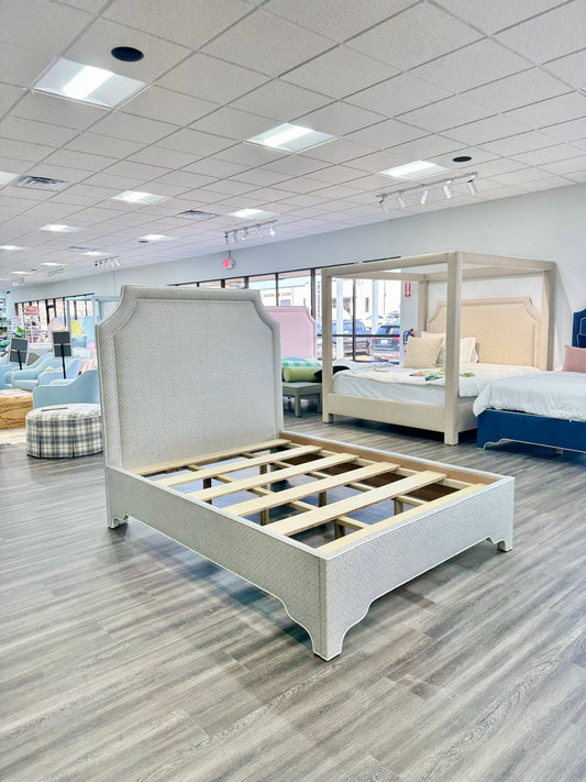 65"H Queen Bed - Geometric Grey Fabric with White Trim