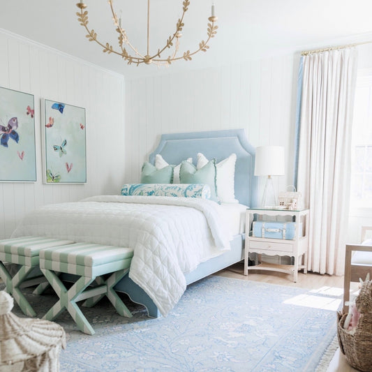 The Addison Queen Bed - Scalloped Legs - Sky Blue Woven Fabric - White Trim