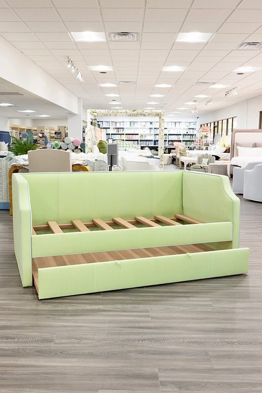 Twin Trundle Daybed - Striped Green Fabric - Sky Blue Trim