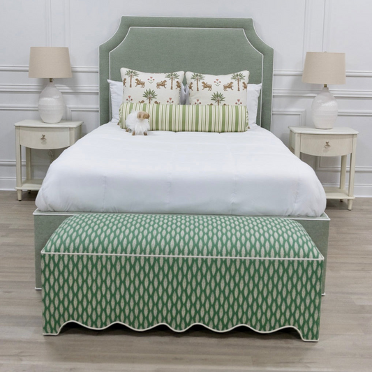 50” L Scalloped End of Bed Bench in Sage Leaf Fabric - White Trim