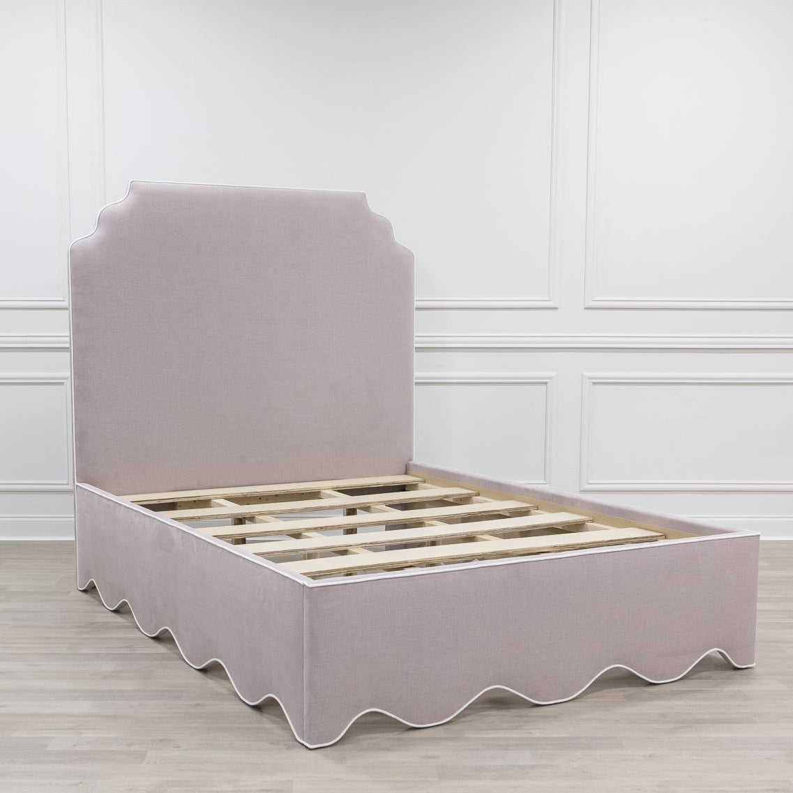 The Helena Queen Bed - Scalloped Base - Lilac Woven Fabric - White Trim