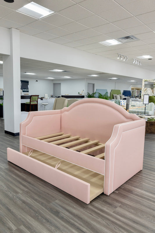 Twin Trundle Daybed - Pink Linen Fabric with White Trim