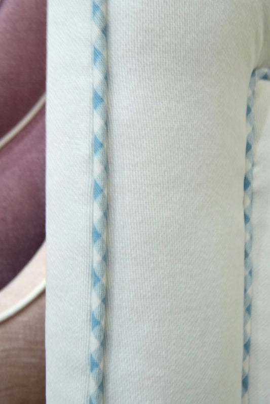 60" H Full Headboard in White Linen - Blue Gingham Trim