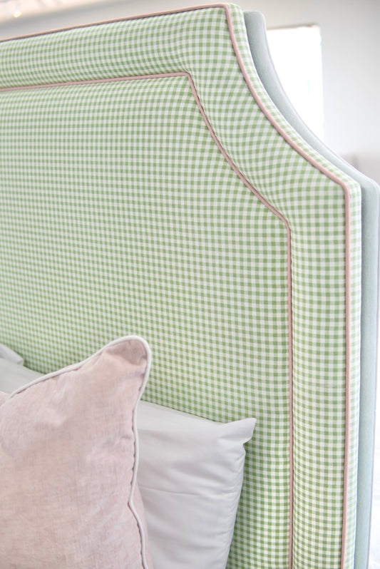 65”H Queen Platform Upholstered Bed - Sage Green Gingham Fabric with Blush Pink Trim