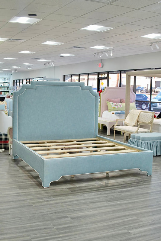 65"H King Bed - Glacier Blue Linen Fabric with White Trim