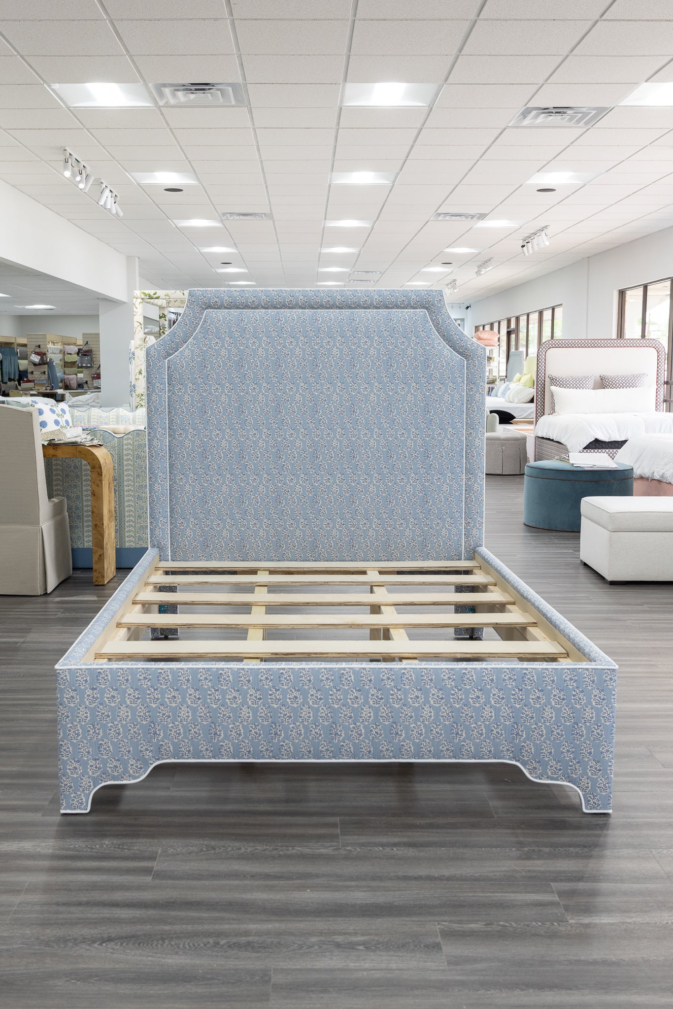 The Addison Queen Bed - Scalloped Legs - Perry Blue Polyester Fabric - White Trim