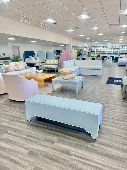 Custom Upholstered Bench in Sky Blue Woven Fabric