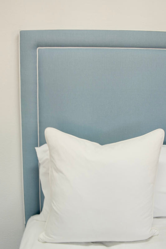 65”H Queen Headboard only - Blue Linen Fabric- White Trim