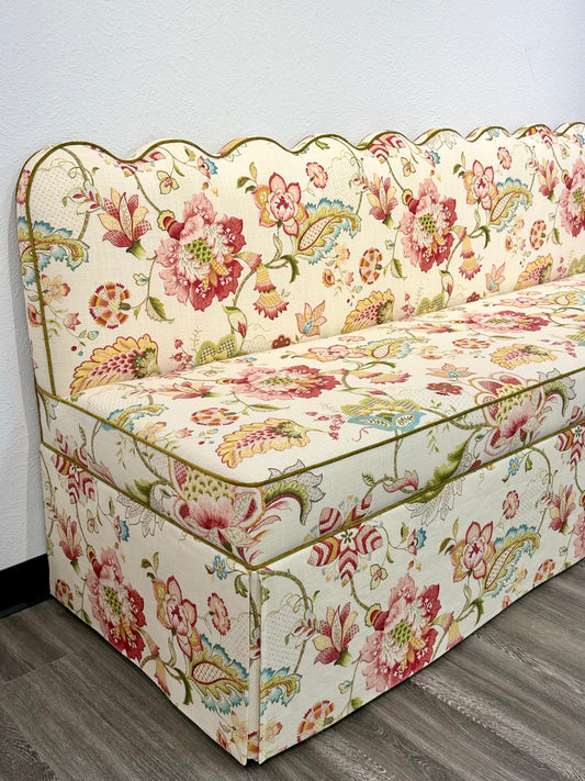 76"L Custom Scalloped Banquette in Ophelia Blossom - Modern Upholstered Dining Banquette with Pleated Skirt