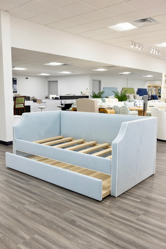 Twin Trundle Daybed - Sky Blue Woven Fabric with White Trim