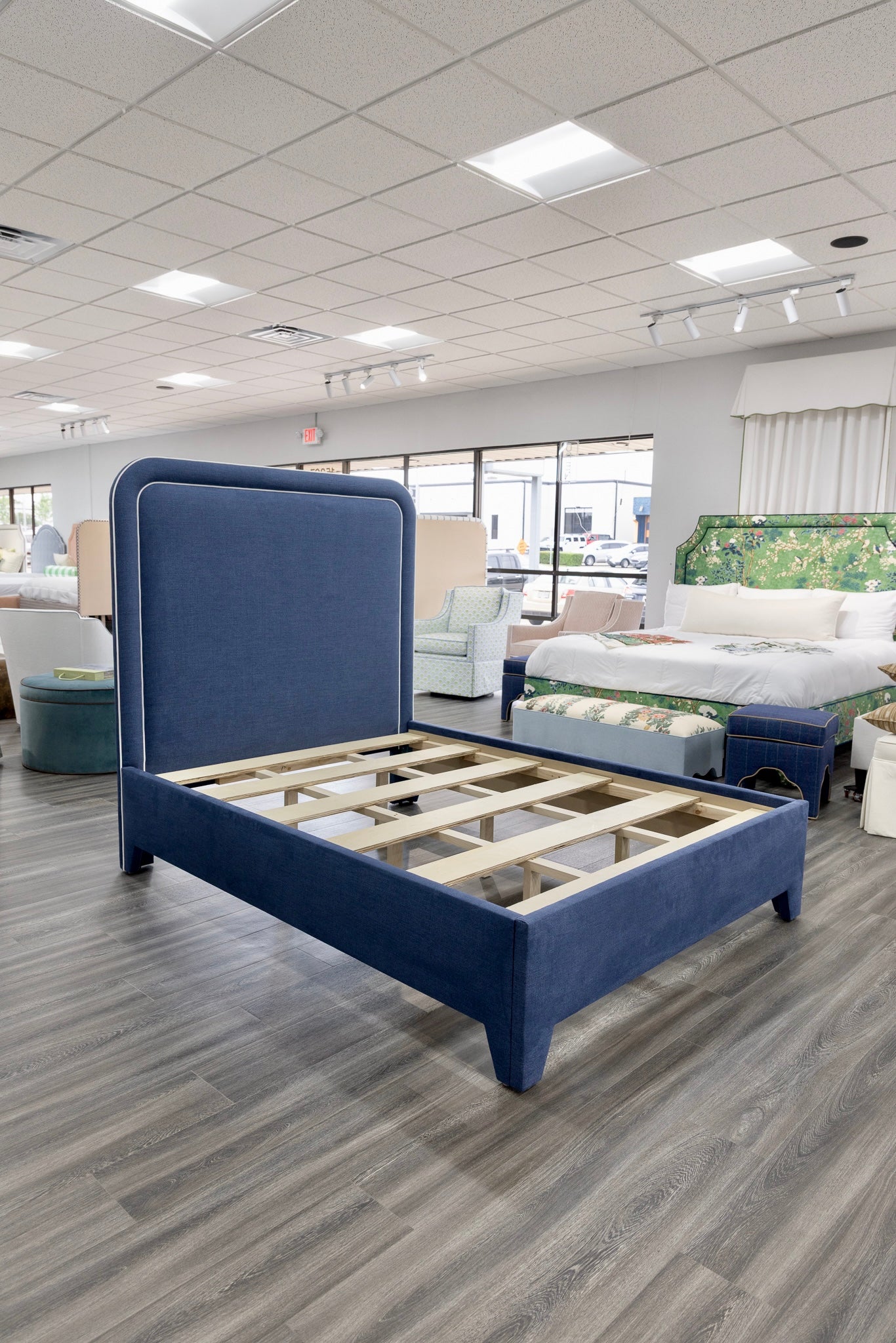 The Lorraine Queen Platform Bed in Navy Woven Fabric - White Trim