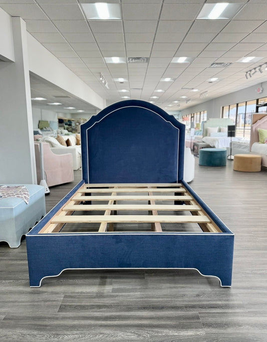 The Grace Queen Bed - Scalloped Legs - Navy Woven Fabric with White Trim