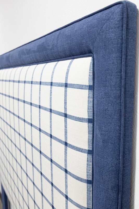 65” H Queen Headboard in Navy Plaid Fabric - Navy Trim
