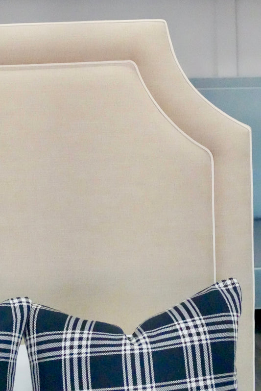 65”H Queen Upholstered Platform Bed - Scalloped Legs - Sand Chenille Fabric with White Trim